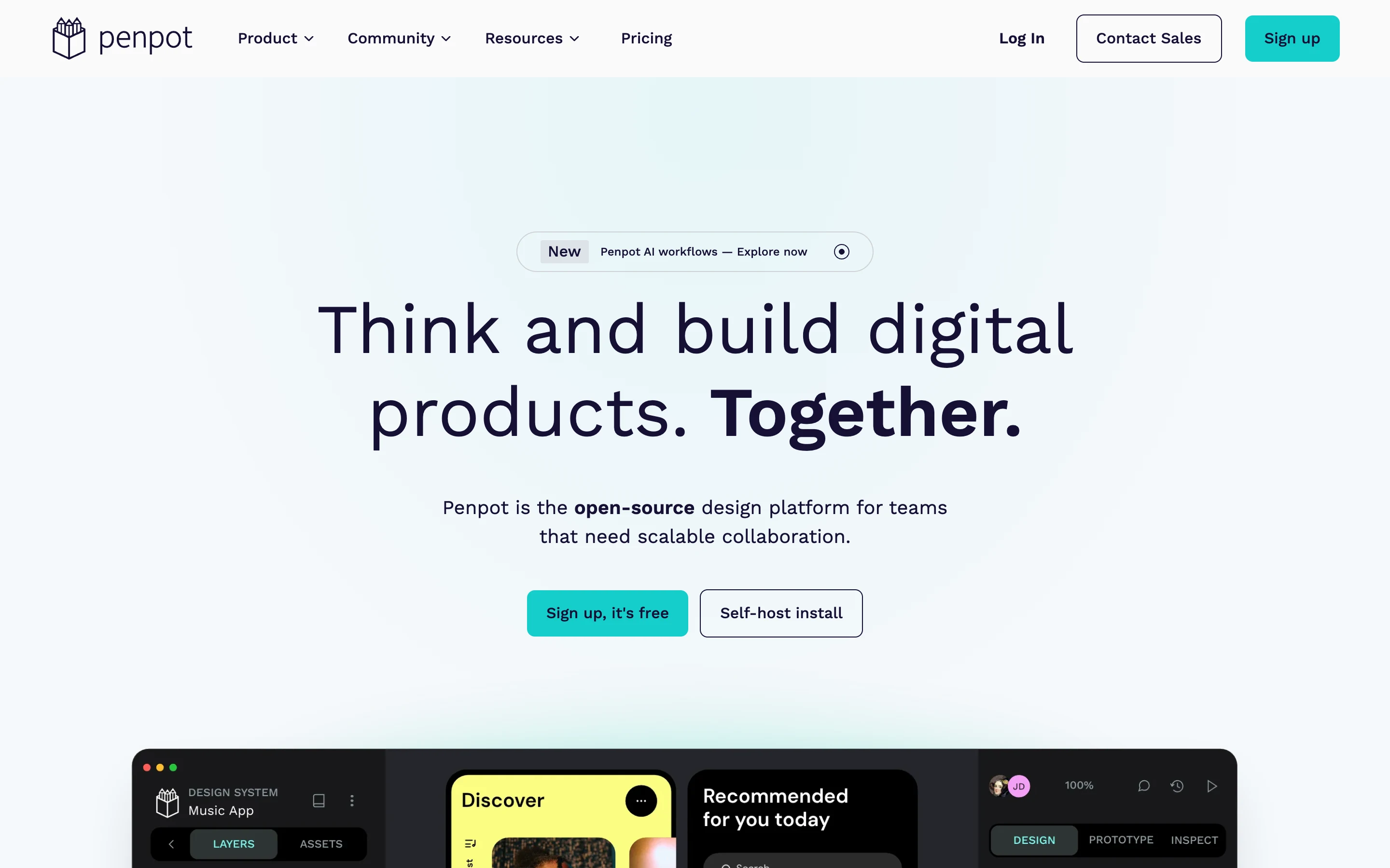 Главная страница penpot.app: заголовок Think and build digital products Together, кнопки Sign up its free и Self-host install, снизу окно редактора