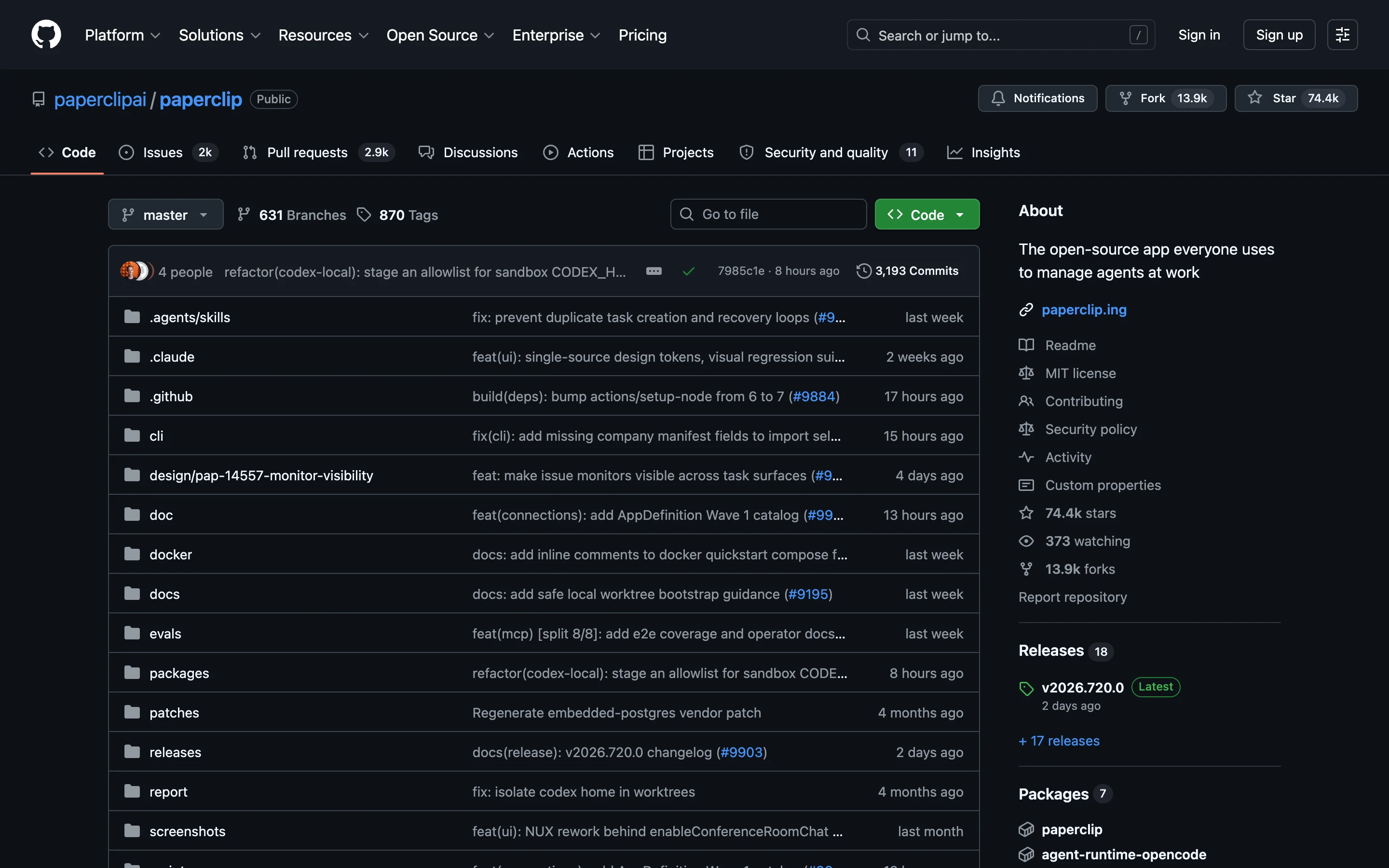 Страница репозитория paperclipai/paperclip на GitHub: 74,4 тысячи звёзд, лицензия MIT и описание про управление агентами