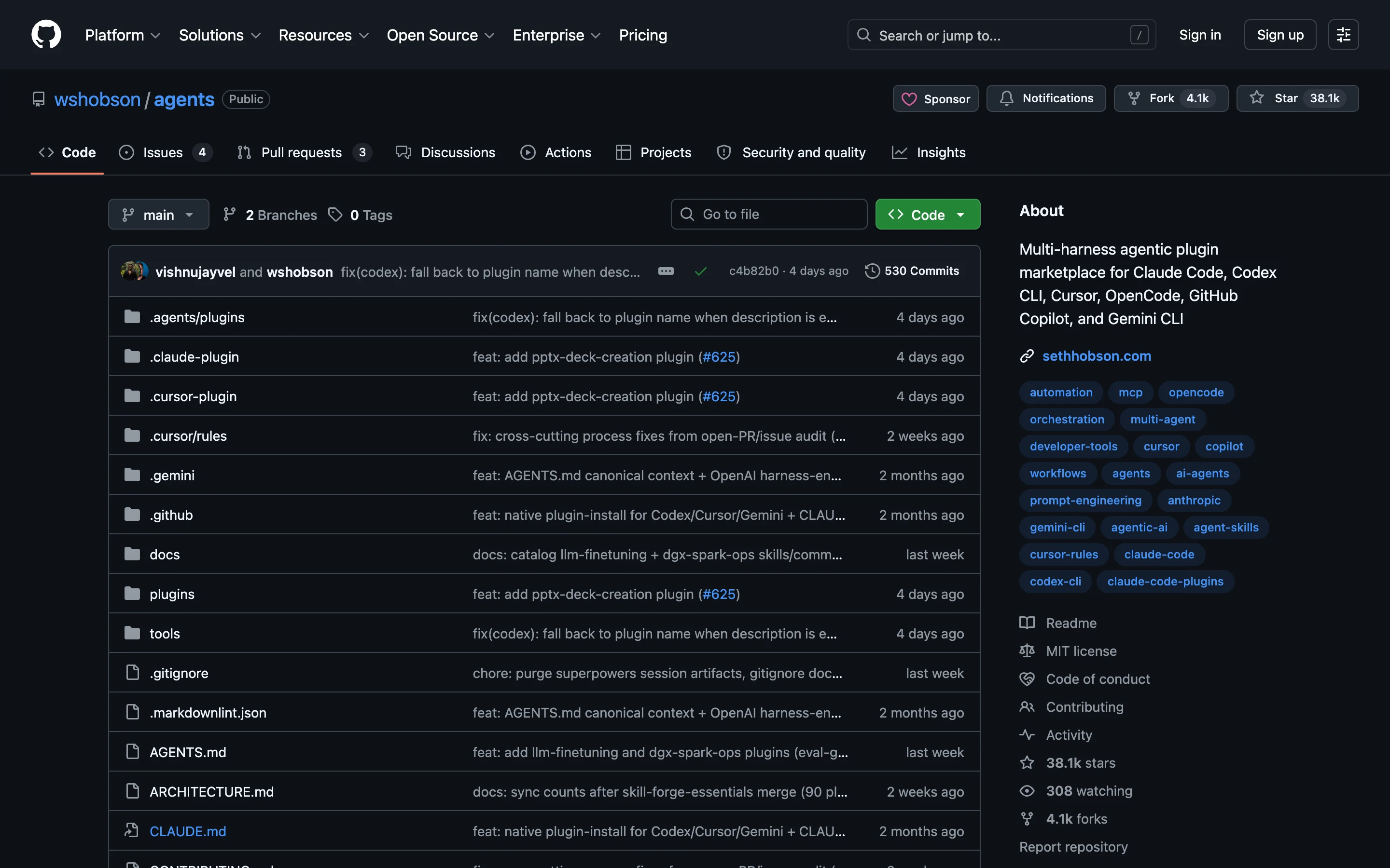 Страница проекта wshobson/agents на GitHub: 38,1 тысячи звёзд, лицензия MIT и описание маркетплейса плагинов