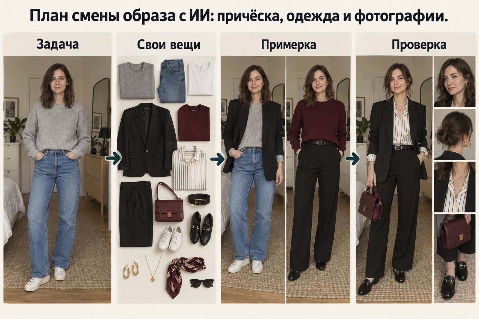 Объясняющая схема: План смены образа с ИИ: причёска, одежда и фотографии