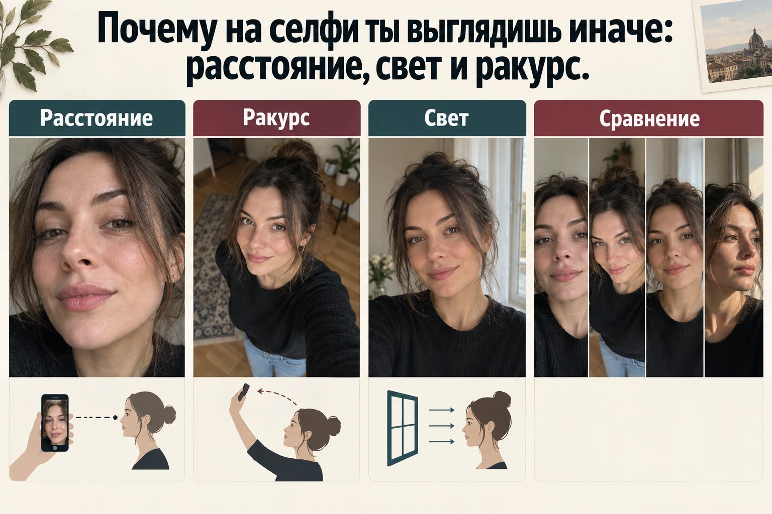 Объясняющая схема: Почему на селфи ты выглядишь иначе: расстояние, свет и ракурс