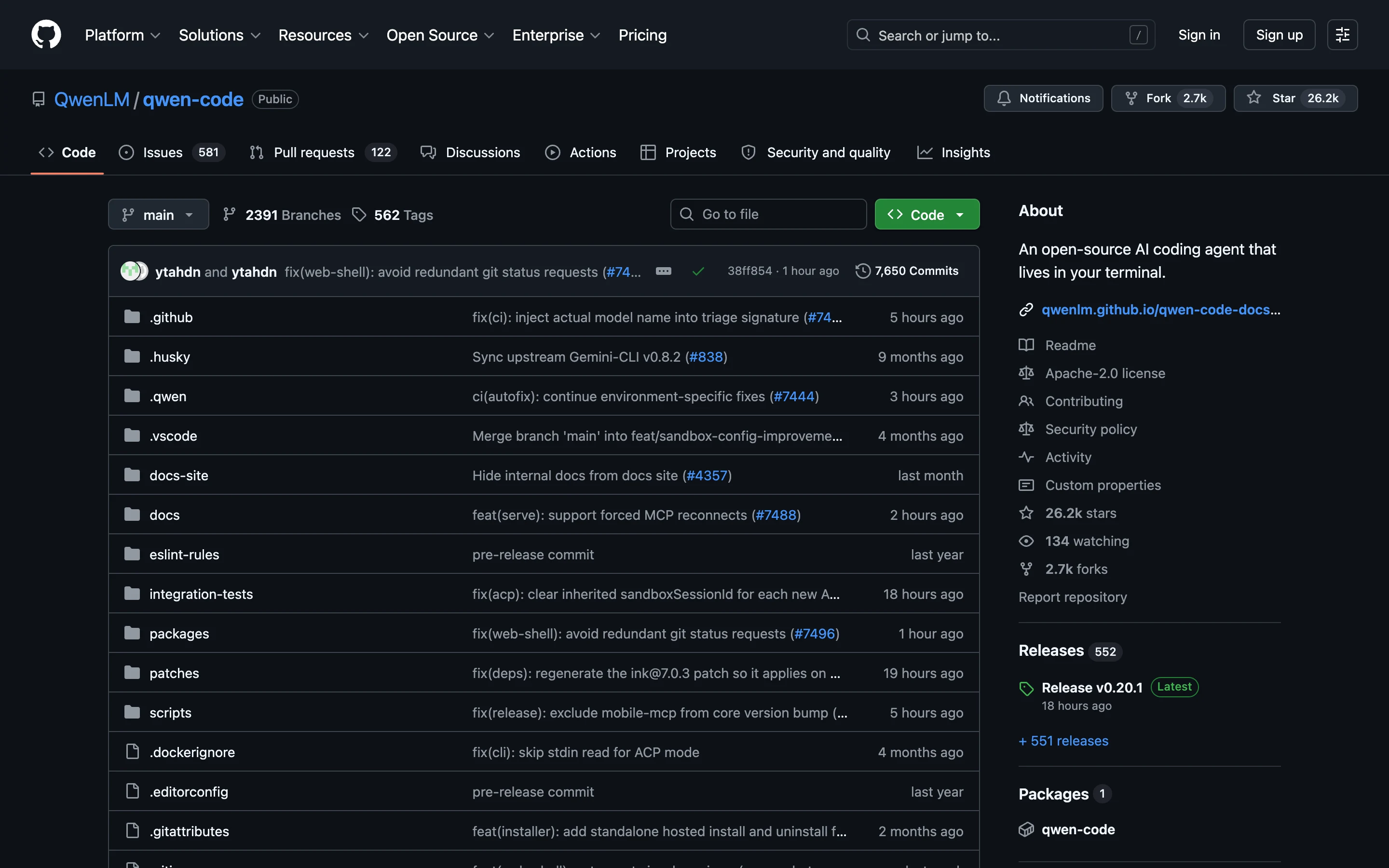 Репозиторий QwenLM/qwen-code на GitHub: 26,2 тысячи звёзд, лицензия Apache-2.0, описание open-source AI coding agent