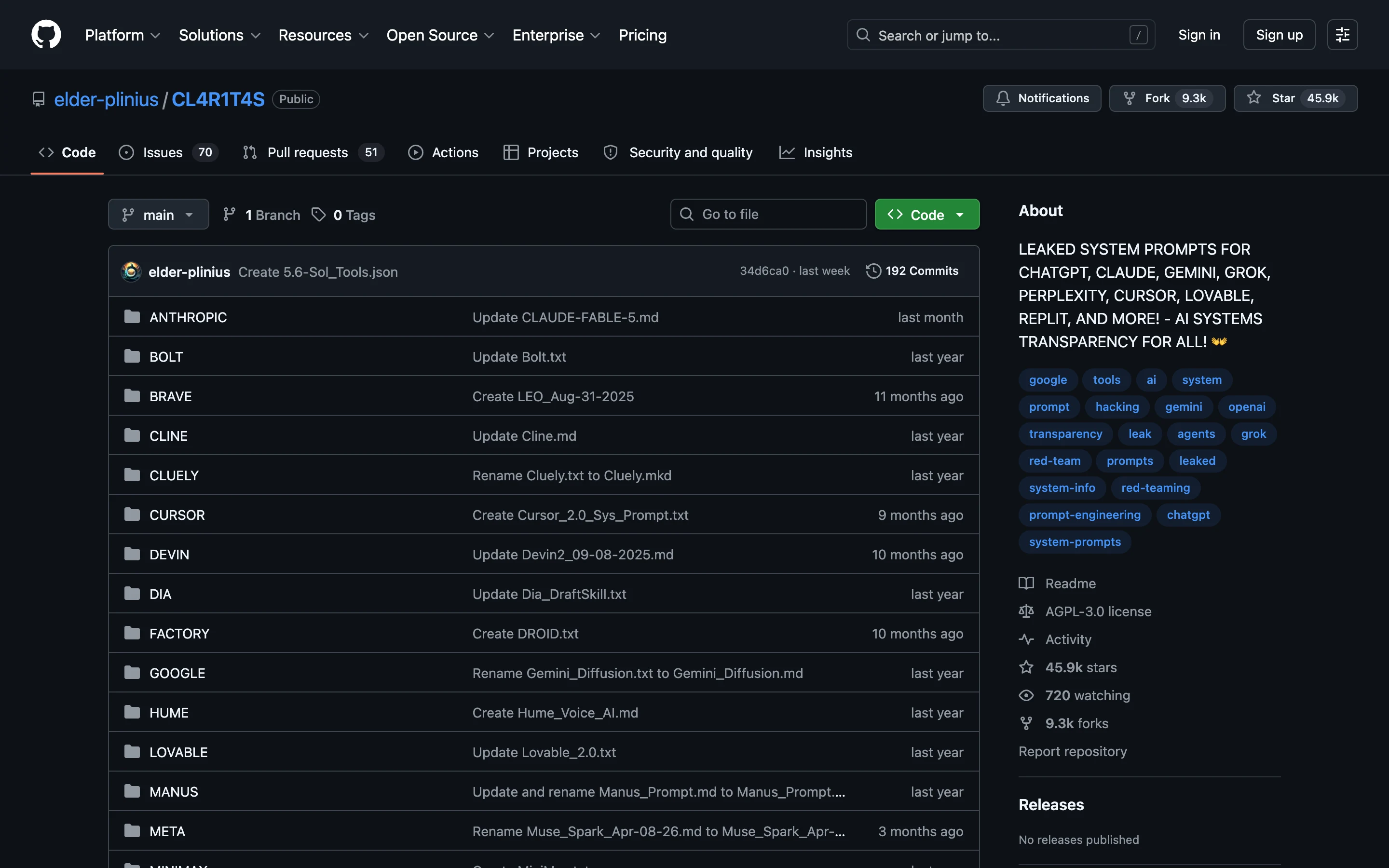 Репозиторий CL4R1T4S на GitHub: папки моделей ANTHROPIC, GOOGLE, META и описание Leaked system prompts