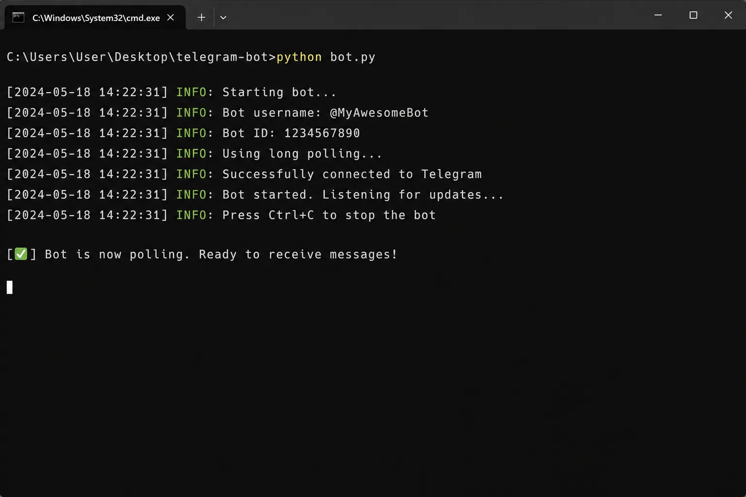 Терминал с запущенным Python-ботом: команда python bot.py и сообщение о том, что бот стартовал