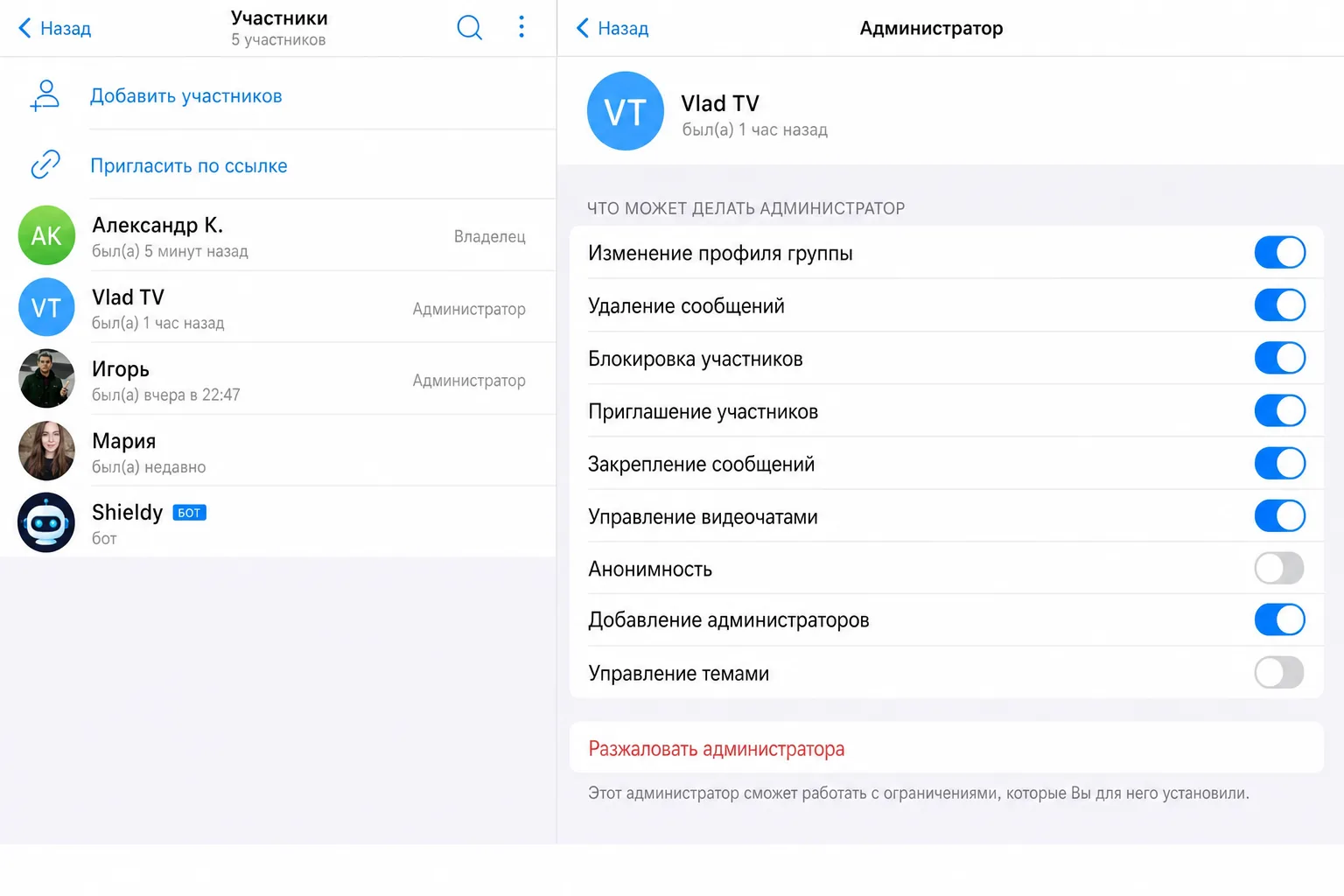 Настройки группы Telegram на русском: список участников с ботом и раздел прав администратора