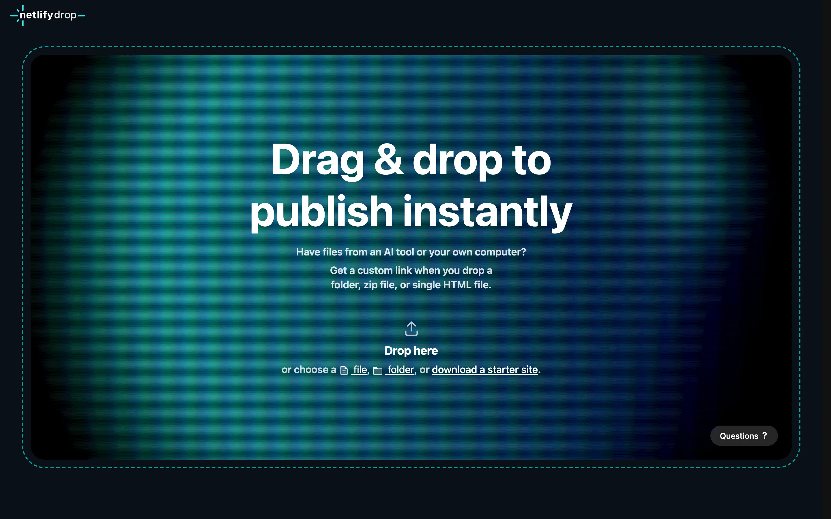 Страница Netlify Drop: область для перетаскивания файла и надпись Drag and drop to publish instantly