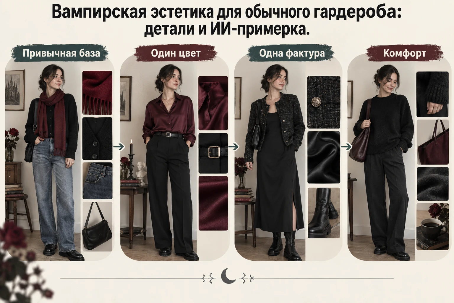 Объясняющая схема: Вампирская эстетика для обычного гардероба: детали и ИИ-примерка
