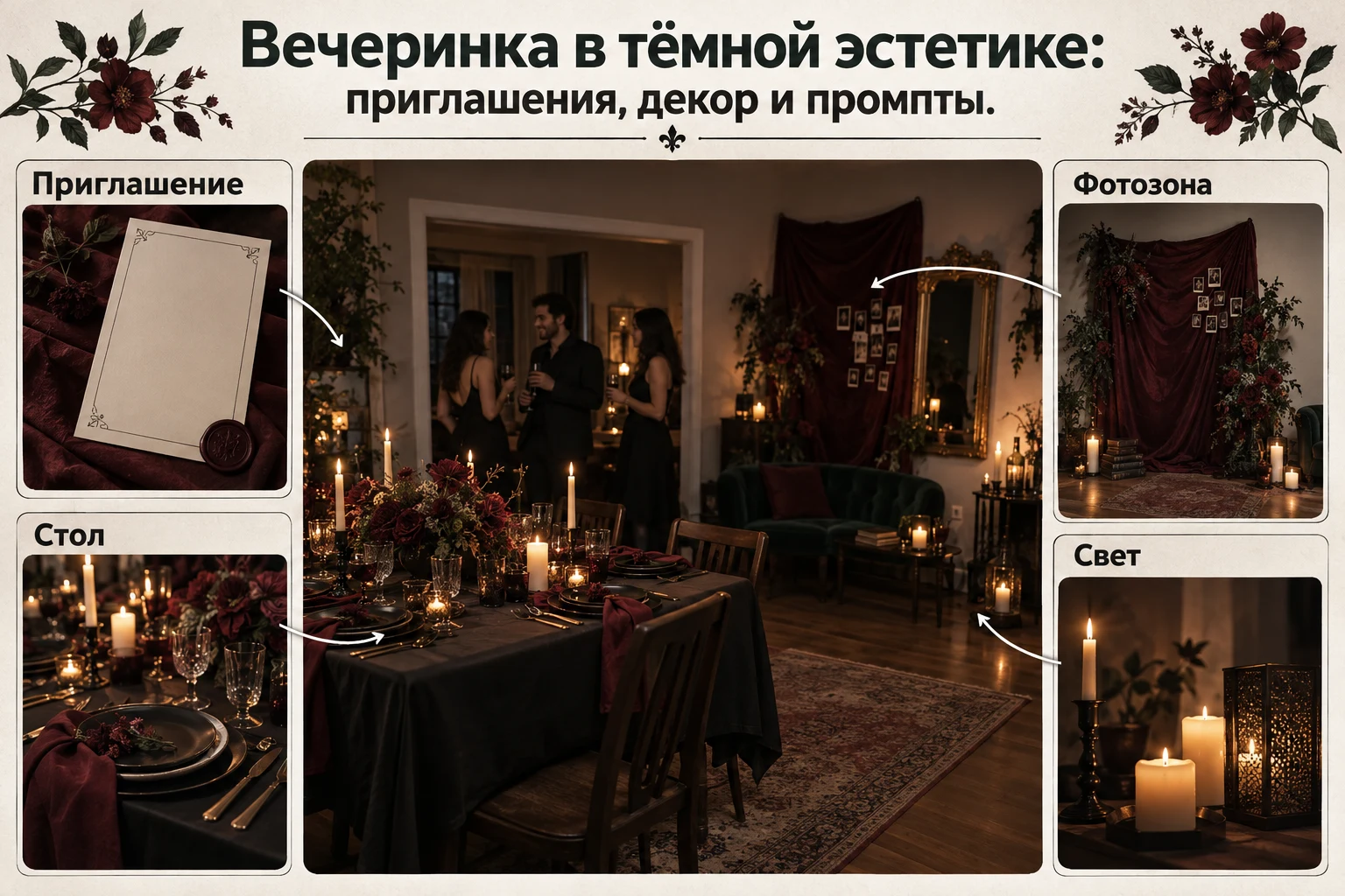 Объясняющая схема: Вечеринка в тёмной эстетике: приглашения, декор и промпты