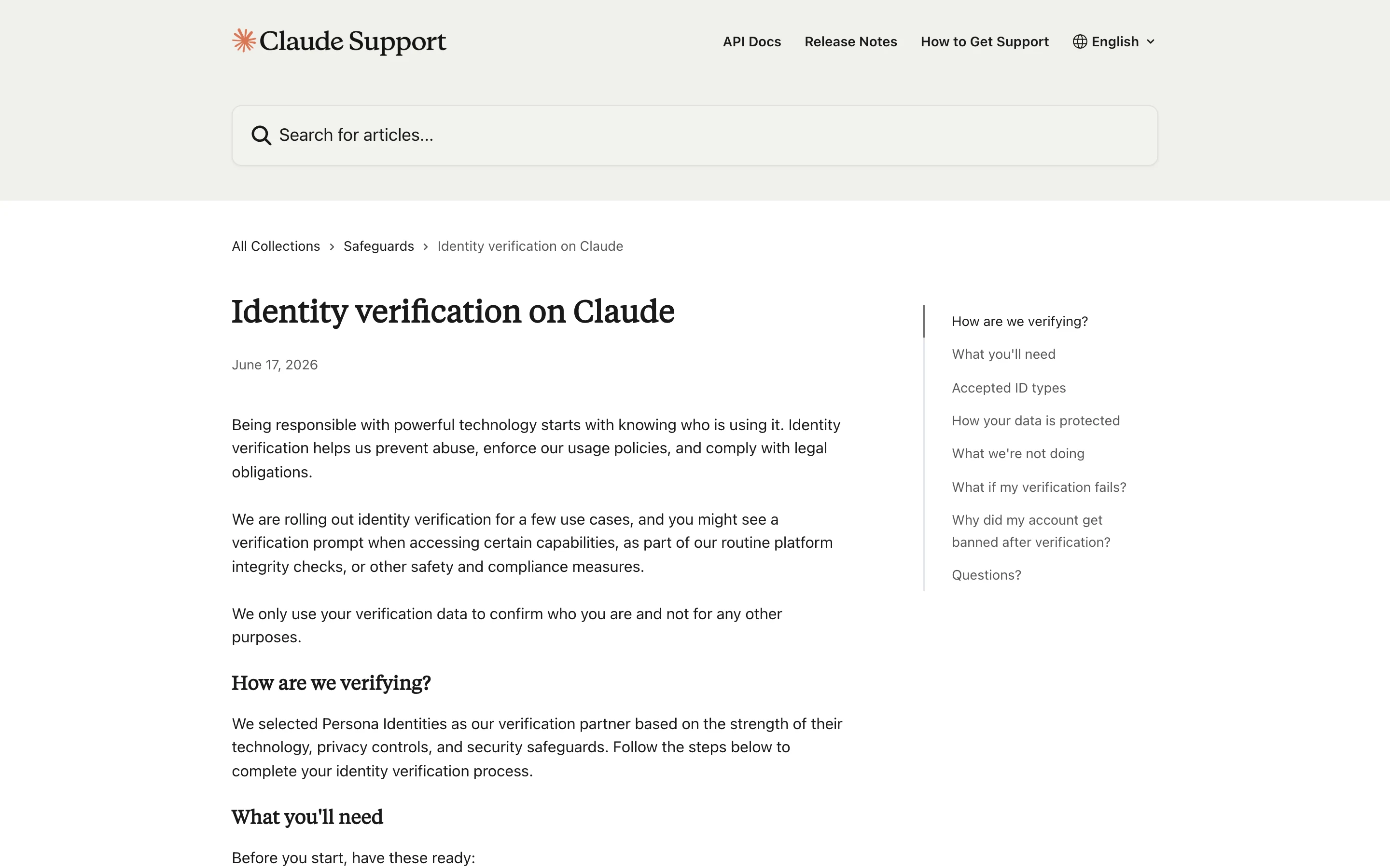 Справка Claude про верификацию личности: партнёр Persona Identities и разделы про принимаемые документы и бан после проверки