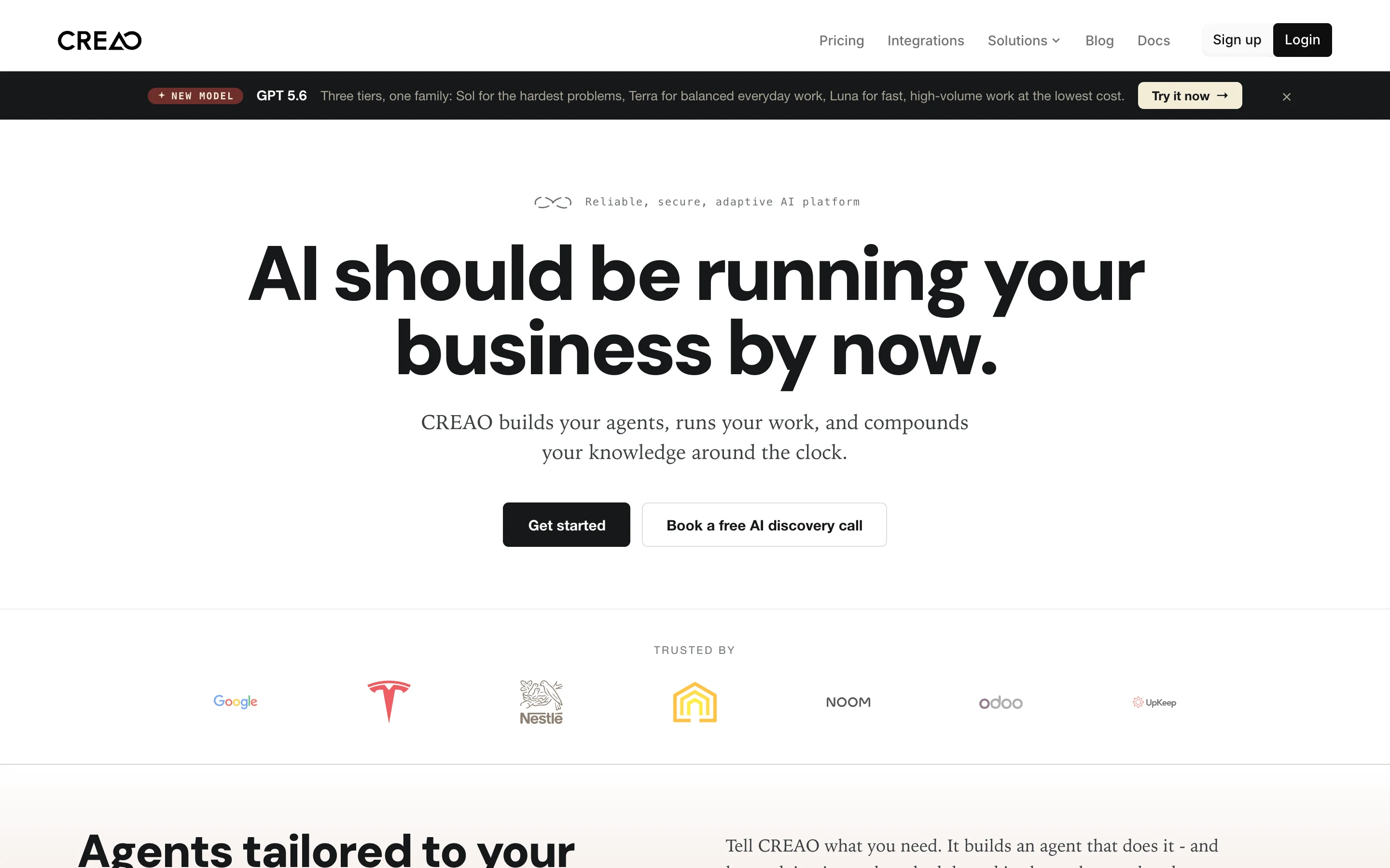 Главная страница платформы автономных агентов Creao AI с кнопкой Get started